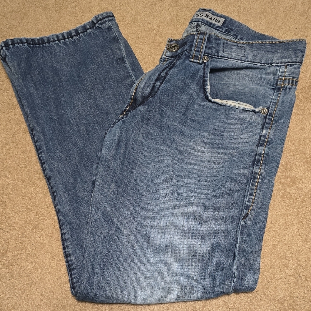 Express Blue Straight Jeans with Distressed Details